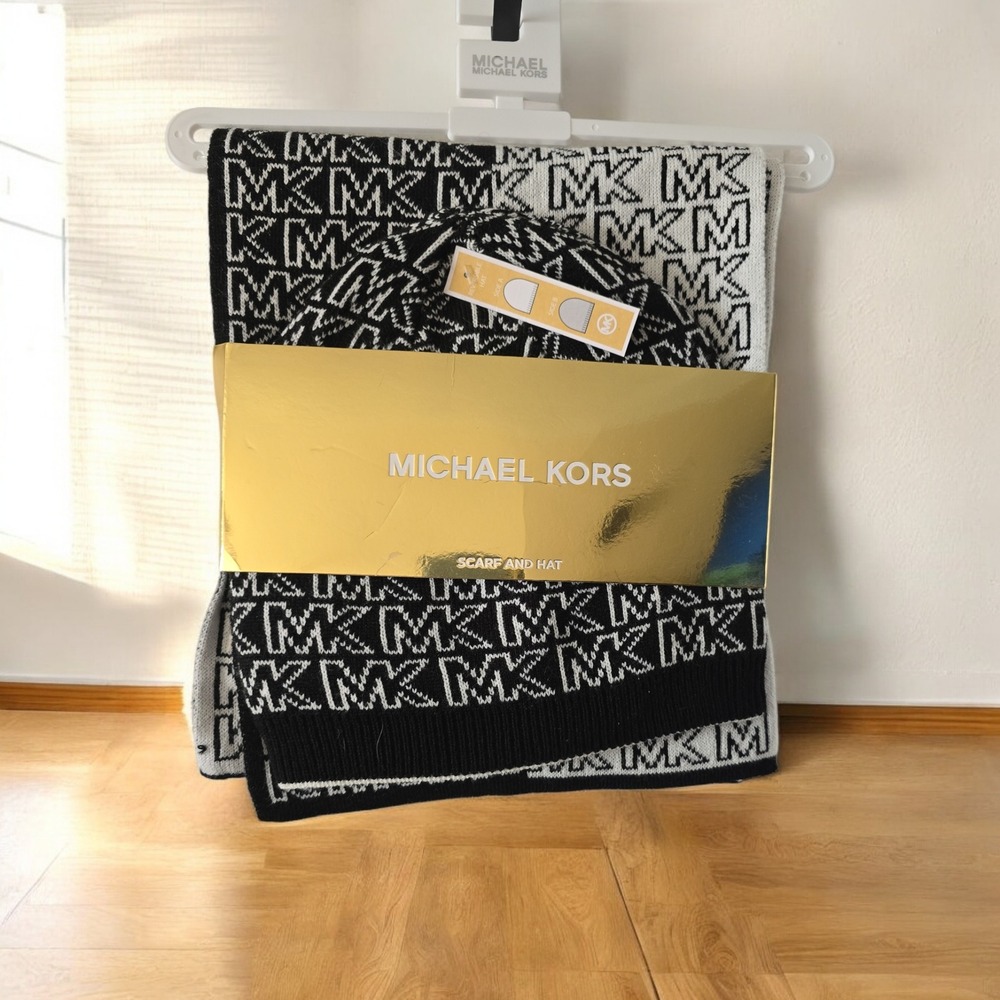 Michael Kors Women's MK Logo Scarf and‎ Hat Set Black White Gift Box